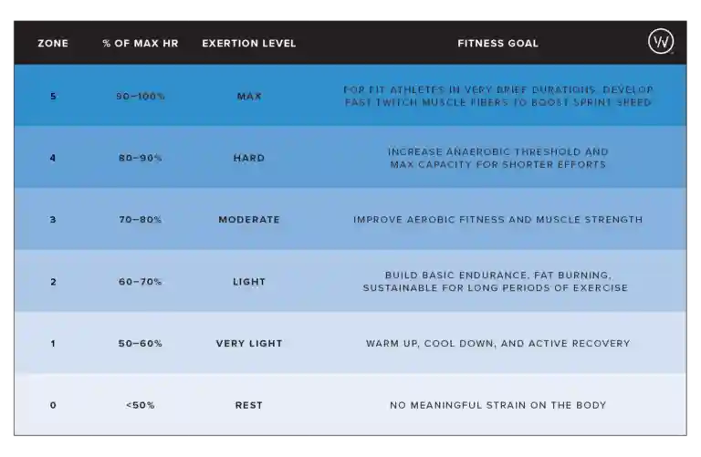 Heart rate zones based on percentage of max heart rate, and fitness goals like fat burning that can be accomplished with each.